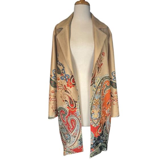 Chicos Paisley Long Swing Coat Boho Artsy Duster Jacket Travel Open Front Size3 - Picture 12 of 12